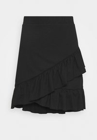 Mini-jupe noire avec un design à volants superposés. Fabriquée en tissu texturé, elle présente un ourlet asymétrique et une taille élastique.