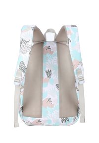 Zaino con tessuto decorato in colori chiari, dotato di imbottitura in rete sulla schiena e sulle spalline per la ventilazione. Include spallacci regolabili.