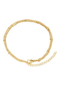 Bracciale in oro con catene multiple collegate, arricchito da piccoli accenti rotondi e un gancio a moschettone, dotato di un'estensione della catena regolabile.