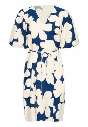 Blumenkleid mit V-Ausschnitt und kurzen Puffärmeln in Marineblau, verziert mit großen weißen Blumenmustern. Verfügt über eine taillierte Taille mit Gürtel zur Betonung.