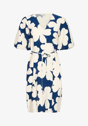 Blumenkleid mit V-Ausschnitt und kurzen Puffärmeln in Marineblau, verziert mit großen weißen Blumenmustern. Verfügt über eine taillierte Taille mit Gürtel zur Betonung.