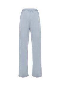 Light blue, loose-fitting, elastic-waist pants made of soft fabric; features straight legs and a clean, simple design.