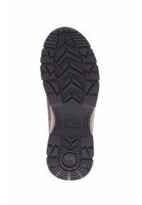 Braune Schuhsohle mit einem robusten, schwarzen Gummiprofil und einem Zickzackmuster für Traktion sowie einem kreisförmigen Logo in der Mitte.