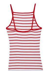 Débardeur rayé rouge et blanc avec des bretelles fines et un design ajusté. Tissu doux avec une texture lisse et un col rond.