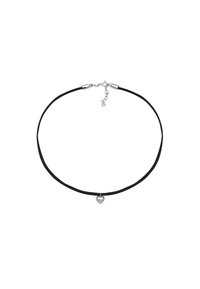 Black choker necklace with a smooth silver heart charm, featuring a clasp closure and adjustable extender chain for size variation.