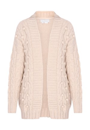 Vaaleanbeige neulottu neuletakki, jossa on jykevä lomittain neulekuvio, avonainen etuosa ja ribbineulehihat. Pehmeä rakenne, jossa on pyöreitä pom-pom-yksityiskohtia.