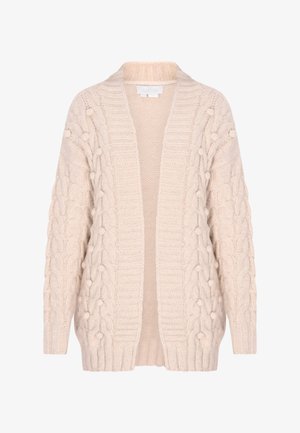 Cardigan in un delicato beige lavorato a maglia con un motivo a treccia spesso, frontale aperto e polsini a costine. Texture morbida con dettagli a pom pom arrotondati.