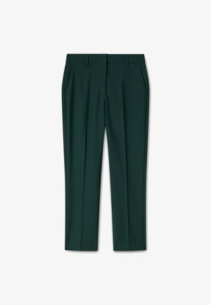 Pantaloni verdi su misura con una texture liscia, dotati di pince frontali, tasche laterali e una vita piatta per un design strutturato.