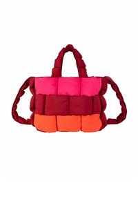 Gevulde draagtas met handvatten, met een rechthoekig ontwerp. Kleurblokpatroon in rood, roze en oranje. Zachte textuur met gequiltte vlakken.