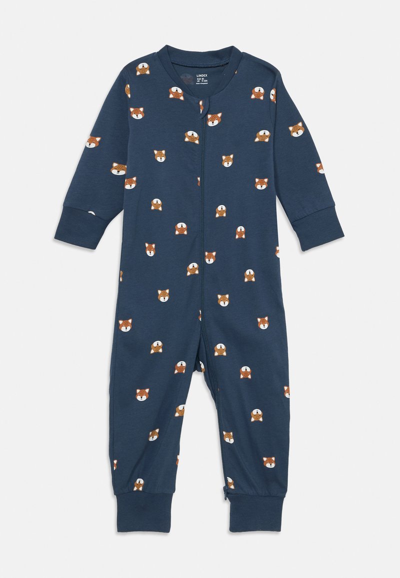 Body per bambini blu navy realizzato in morbido tessuto, caratterizzato da un motivo ripetuto di volti di volpe in stile cartoon, con chiusura a zip e maniche con polsini.