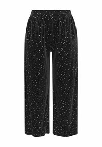 Svarta sammet vida byxor med ett stjärnmönster i silver. Elastic midja och mjuk textur ger komfort och en avslappnad passform.