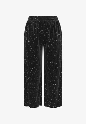 Pantalones de terciopelo negro de pierna ancha con un patrón de estrellas en plata. La cinturilla elástica y la textura suave ofrecen comodidad y un ajuste relajado.