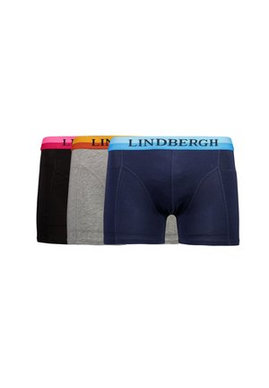 Three pairs of men's boxer shorts in black, gray, and navy blue, featuring elastic waistbands in pink, orange, and light blue with "LINDENBURGH" logo.