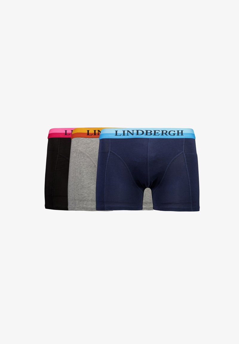 Drei Paare Herren-Boxershorts in Schwarz, Grau und Marineblau, mit elastischen Taillenbändern in Pink, Orange und Hellblau sowie dem Logo "LINDENBURGH".