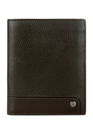 Dunkelbraune Geldbörse aus strukturiertem Leder mit einem glatten Lederstreifen und einem kleinen metallischen runden Detail in der unteren rechten Ecke.