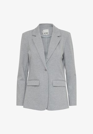Gray tailored blazer made from soft fabric. Features a notched collar, single button closure, and two front pockets.