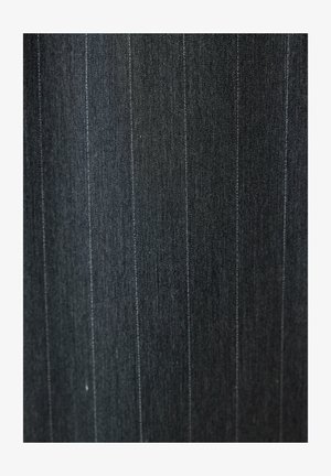 Dark gray fabric with subtle vertical pinstripes, showcasing a fine woven texture and slight variations in shading.