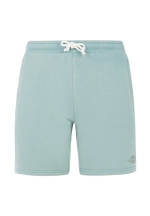 Light blue athletic shorts with a drawstring waistband, side pockets, and subtle stitching details. Fabric appears soft and smooth.