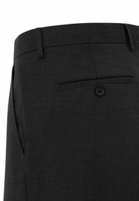 Dunkelgraue Hose aus einem strukturierten Stoff, mit einer Gesäßtasche und einem einzelnen schwarzen Knopf sowie einem taillierten Bündchen-Design.