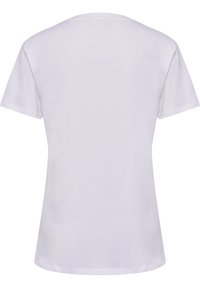 Hvid t-shirt med korte ærmer, rund halsudskæring og en blød, glat tekstur. Bagsiden er ensfarvet, uden logos eller mønstre.