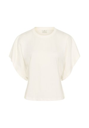 Blouse blanche à manches courtes avec larges manches volantées et un col rond, présentée sur un fond uni.