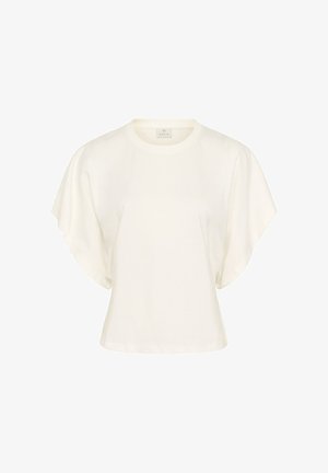 Blouse blanche à manches courtes avec larges manches volantées et un col rond, présentée sur un fond uni.