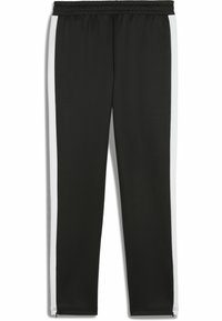 Czarne spodnie sportowe z białymi paskami po bokach, elastycznym pasem, zwężanym krojem i zamkami błyskawicznymi na kostkach. Gładki, lekki materiał.