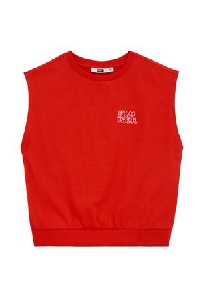 Haut court sans manches rouge avec ourlet élastique et petit texte blanc "FLOWER" sur le côté gauche de la poitrine.