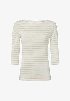 Damska koszula z długim rękawem w beżowo-białe poziome paski, z szerokim okrągłym dekoltem, prezentowana na białym tle.