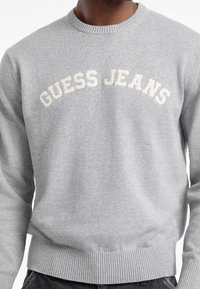 Jersey gris claro con puños y dobladillo acanalados. "GUESS JEANS" bordado en blanco en el pecho. Textura suave y cuello redondo clásico.