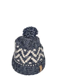 Blue and white knitted beanie hat with zigzag pattern, topped with a pom-pom, featuring a ribbed cuff and a small logo patch.