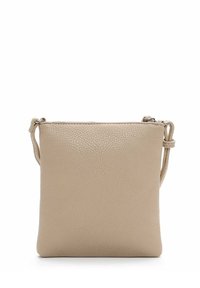 Borsa a tracolla in pelle beige con finitura testurizzata, dotata di chiusura con zip e tracolla regolabile per maggiore versatilità. Forma rettangolare.