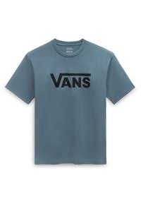 T-shirt en coton bleu clair avec un logo Vans noir sur la poitrine. Manches courtes et col rond, texture lisse.