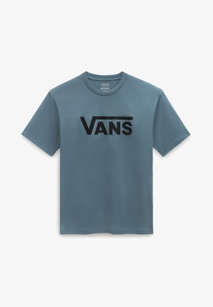 Camiseta de algodón de color azul claro con un logo negro de Vans en el pecho. Diseño de mangas cortas y cuello redondo, textura suave.