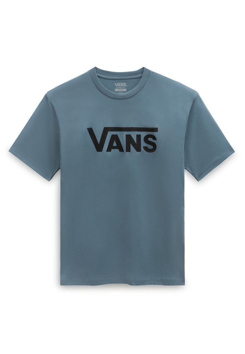 T-shirt en coton bleu clair avec un logo Vans noir sur la poitrine. Manches courtes et col rond, texture lisse.