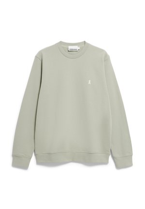 Light green sweatshirt made of soft cotton. Features a crew neckline, ribbed cuffs, and a small white logo on the chest. Simple design.