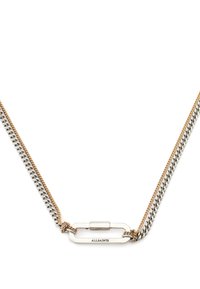 Collier chaîne en argent et or avec des maillons entrelacés, un fermoir rectangulaire en argent gravé "ALLSAINTS", finition texturée.