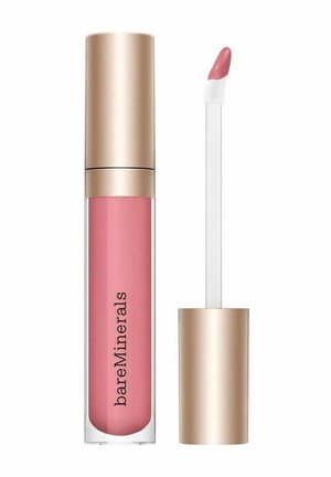 BareMinerals lyserødt flydende læbestift med guldkappe og applikatorstav, der viser en vinklet spids med produkt.