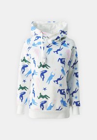 Hooded sweatshirt in white fabric featuring abstract figures in green, blue, pink, and navy. Includes a front pocket and drawstring hood.