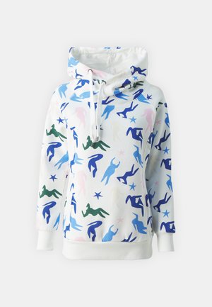 Hettegenser i hvit stoff med abstrakte figurer i grønt, blått, rosa og marineblått. Inkluderer frontlomme og snor i hetta.