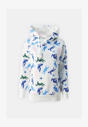 Hooded sweatshirt in white fabric featuring abstract figures in green, blue, pink, and navy. Includes a front pocket and drawstring hood.