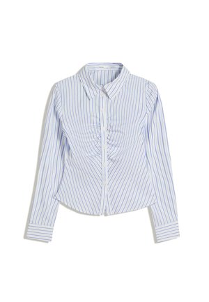 Button-up shirt made of lightweight fabric, featuring blue and white vertical stripes, structured collar, and gathered detail at the center front.