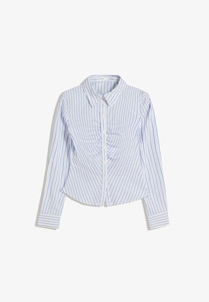 Hemden aus leichtem Stoff mit blauen und weißen vertikalen Streifen, strukturierter Kragen und gerafftem Detail in der Mitte vorne.