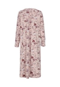 Lång rosa klänning med långa ärmar, med ett blommönster i vitt och mörkrött, sedd bakifrån mot en vit bakgrund.