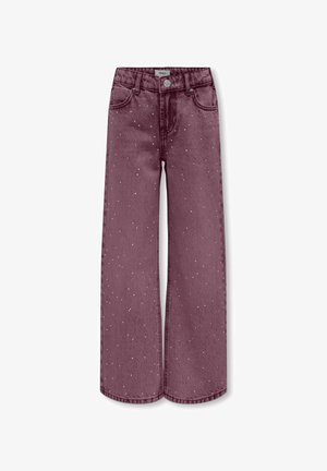 Široke traperice u dubokoj boji mauve, izrađene od denima s detaljima od srebrnih šljokica, s klasičnim džepovima i prednjim zatvaranjem na gumb.