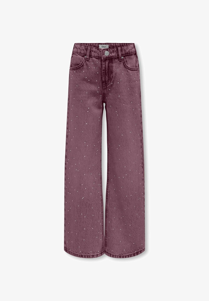 Plati kojinės džinsai gilių purpurinės spalvos, pagaminti iš džinsinio audinio su sidabriniais blizgučiais, klasikinės kišenės ir priekinis sagos užsegimas.