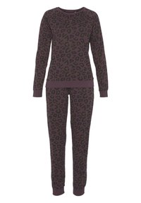 Purple leopard print loungewear set featuring a long-sleeve top and pants, made from soft fabric with ribbed cuffs and waistbands.
