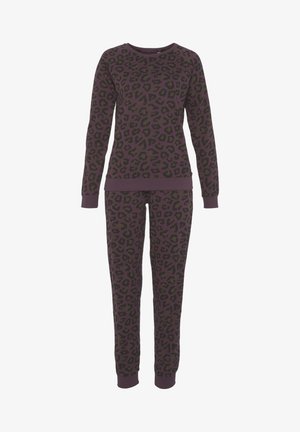 Set di abbigliamento da casa con stampa leopardata viola, composto da una maglia a maniche lunghe e pantaloni, realizzato in tessuto morbido con polsini e cintura a coste.
