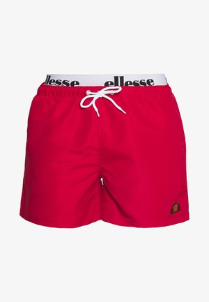 Raudoni maudymosi šortai su balta elastine juosta, kurioje yra juodas logotipas. Priekiniai raišteliai ir mažas logotipo raištis apatinėje kairėje pusėje.