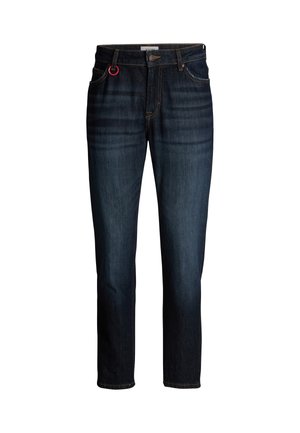 Dunkelblaue Jeans aus Denim mit geradem Schnitt, fünf Taschen-Design, goldenen Nähten und einem roten Akzent an der vorderen Gürtelschlaufe.